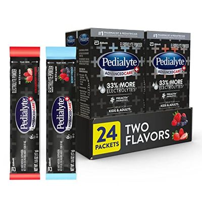 Pedialyte AdvancedCare Plus Electrolyte Powder Packs with 33% more electrolytes and PreActiv Prebiotics, Strawberry Freeze &amp; Berry Frost, 24 Count