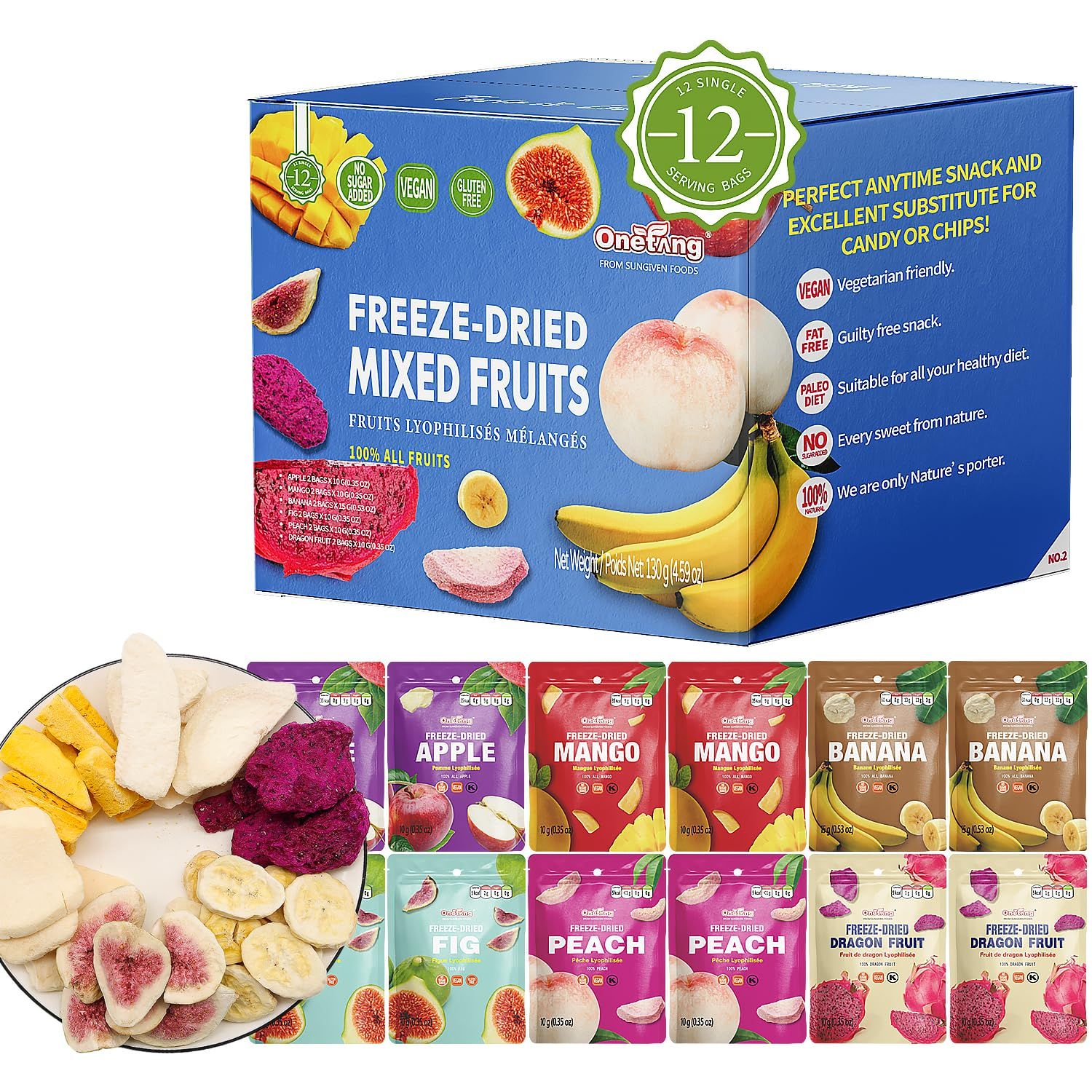 ONETANG Freeze-Dried Mixed Fruit, 12 Pack Single-Serve Pack, Non GMO, Kosher, No Add Sugar, Gluten free, Vegan, Holiday Gifts, Healthy Snack 0.35 Ounce