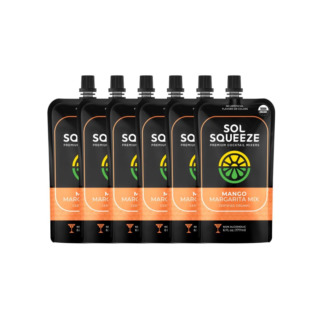 SOL SQUEEZE Mango Margarita Mix - Organic, Vegan, and Portable 2-Serving Pouch with Real Fruit Blend, Gluten-Free, and Non-GMO - 6 Pack