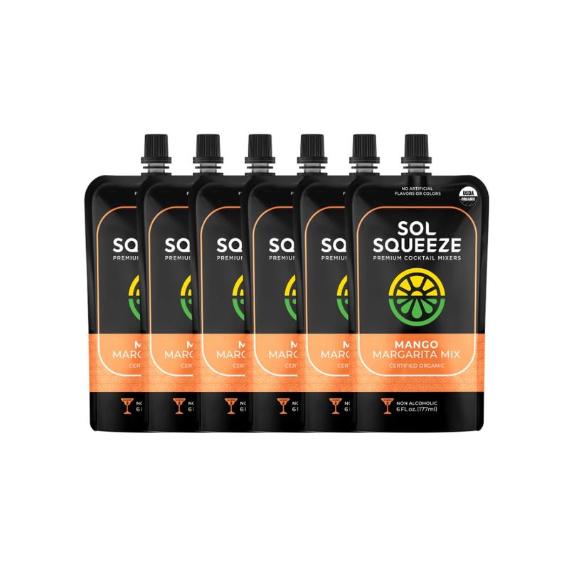 SOL SQUEEZE Mango Margarita Mix - Organic, Vegan, and Portable 2-Serving Pouch with Real Fruit Blend, Gluten-Free, and Non-GMO - 6 Pack