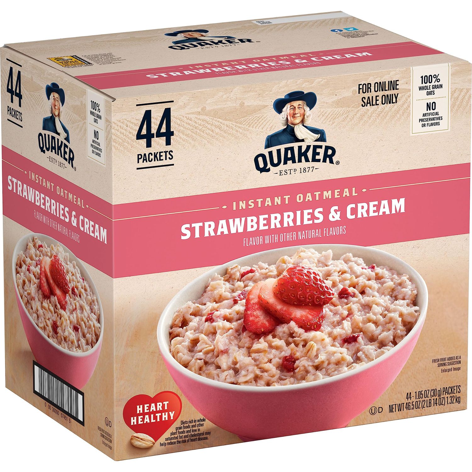 Quaker Instant Oatmeal, Strawberries &amp; Cream, 1.05 Oz, (Pack of 44)