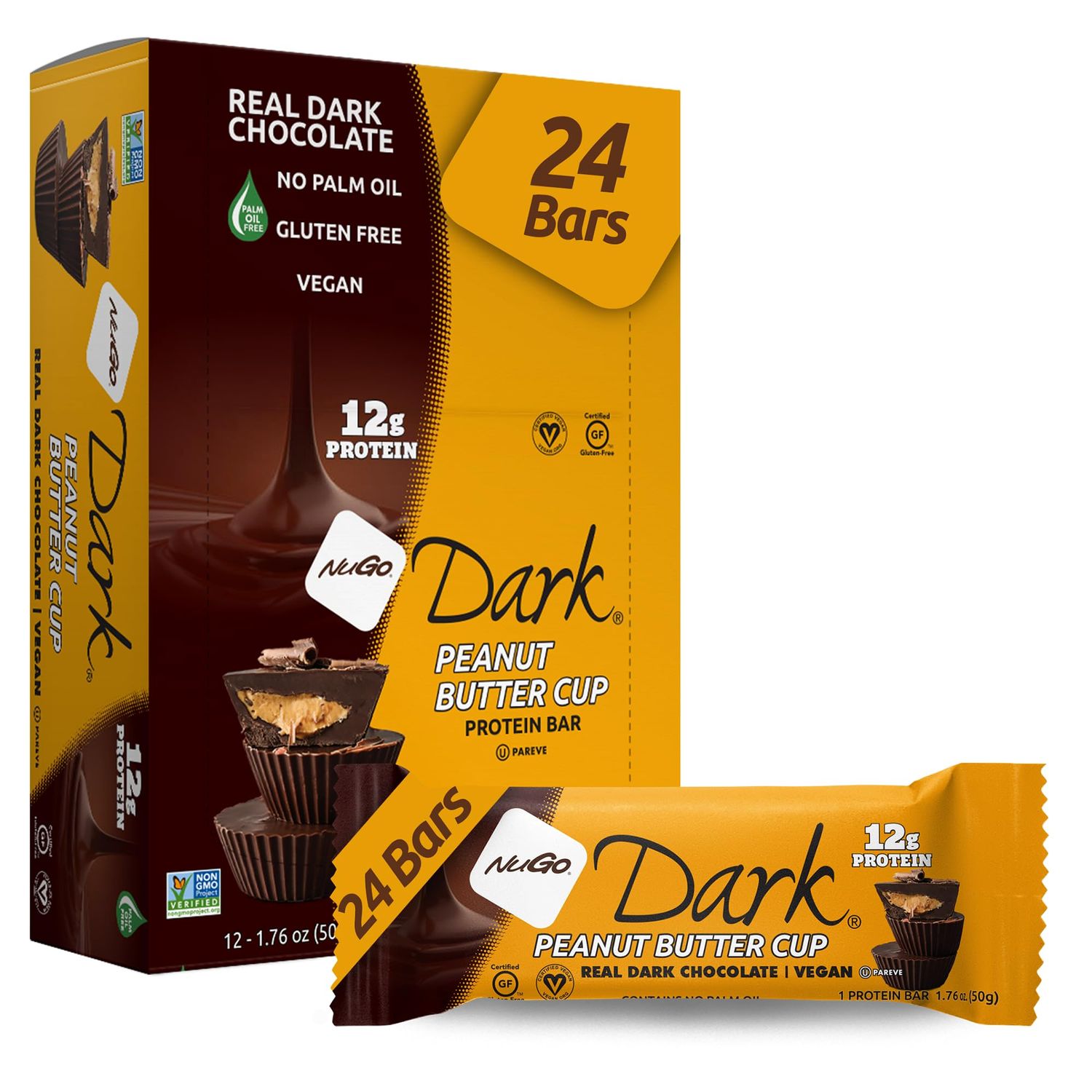 NuGo Dark Peanut Butter Cup, 12g Protein Bar, Vegan, Gluten Free, Non-GMO, Kosher Pareve, 24 Count