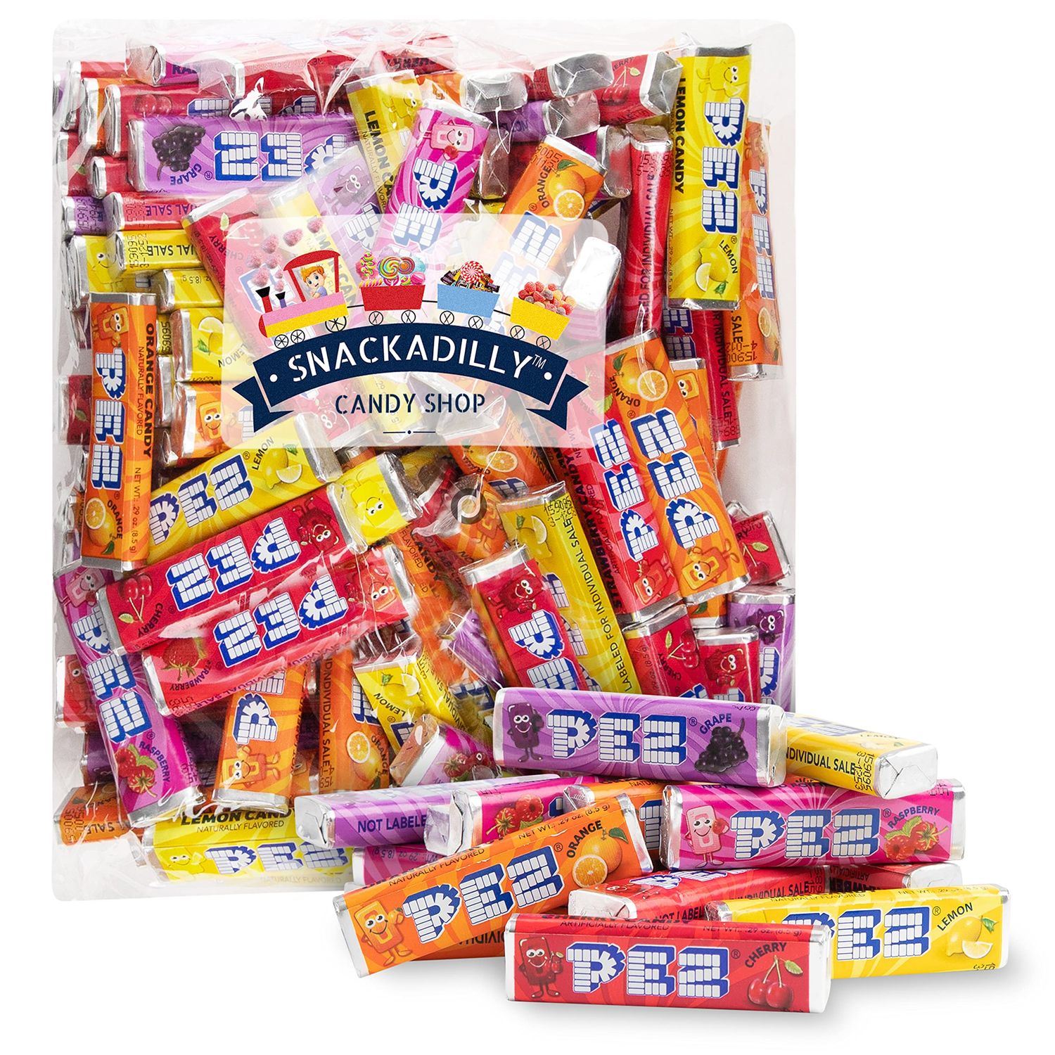 Pezz Candy Rolls Refills (50 Rolls) 1 Lb Bag - Original Fruit Flavors - Cherry, Strawberry, Lemon, Grape, Orange, &amp; Raspberry - Freshly Packed By Snackadilly