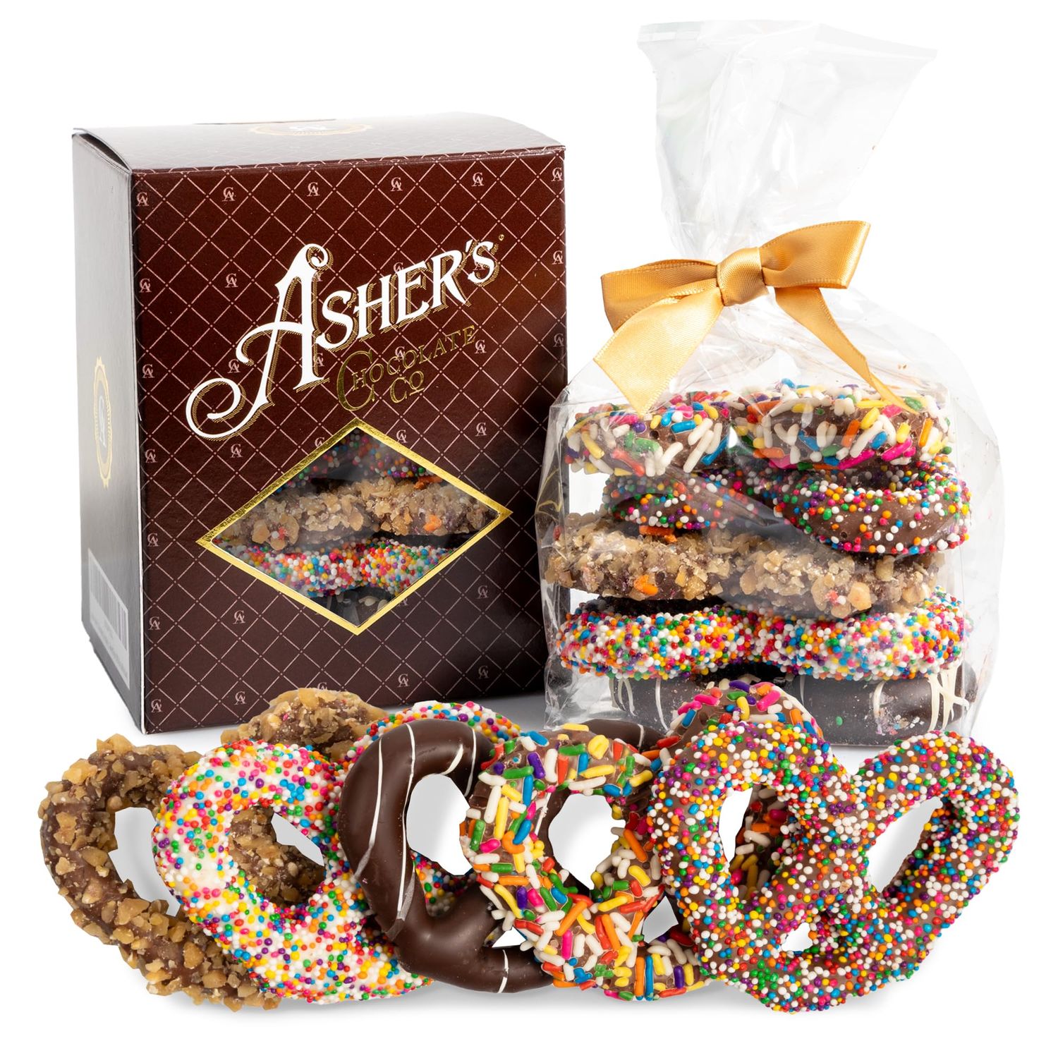 Asher&#39;s Chocolates, Chocolate Covered Pretzels Gift Basket, Holiday Assortment of Candy, Small Batches of Kosher Chocolate, Family Owned Since 1892, Improved Box Design (Milk &amp; Dark)