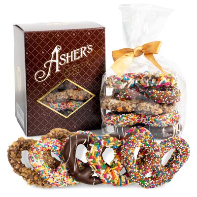 Asher&#39;s Chocolates, Chocolate Covered Pretzels Gift Basket, Holiday Assortment of Candy, Small Batches of Kosher Chocolate, Family Owned Since 1892, Improved Box Design (Milk &amp; Dark)