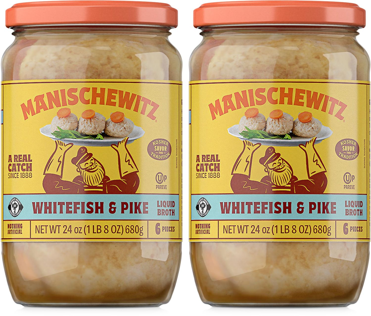 Manischewitz Whitefish &amp; Pike Gefilte Fish in Liquid Broth 24oz (2 Pack), All Natural, Packed with Protein, No Added MSG, Kosher for Passover