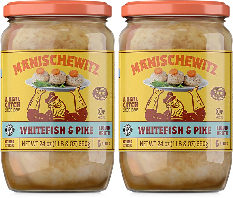 Manischewitz Whitefish &amp; Pike Gefilte Fish in Liquid Broth 24oz (2 Pack), All Natural, Packed with Protein, No Added MSG, Kosher for Passover