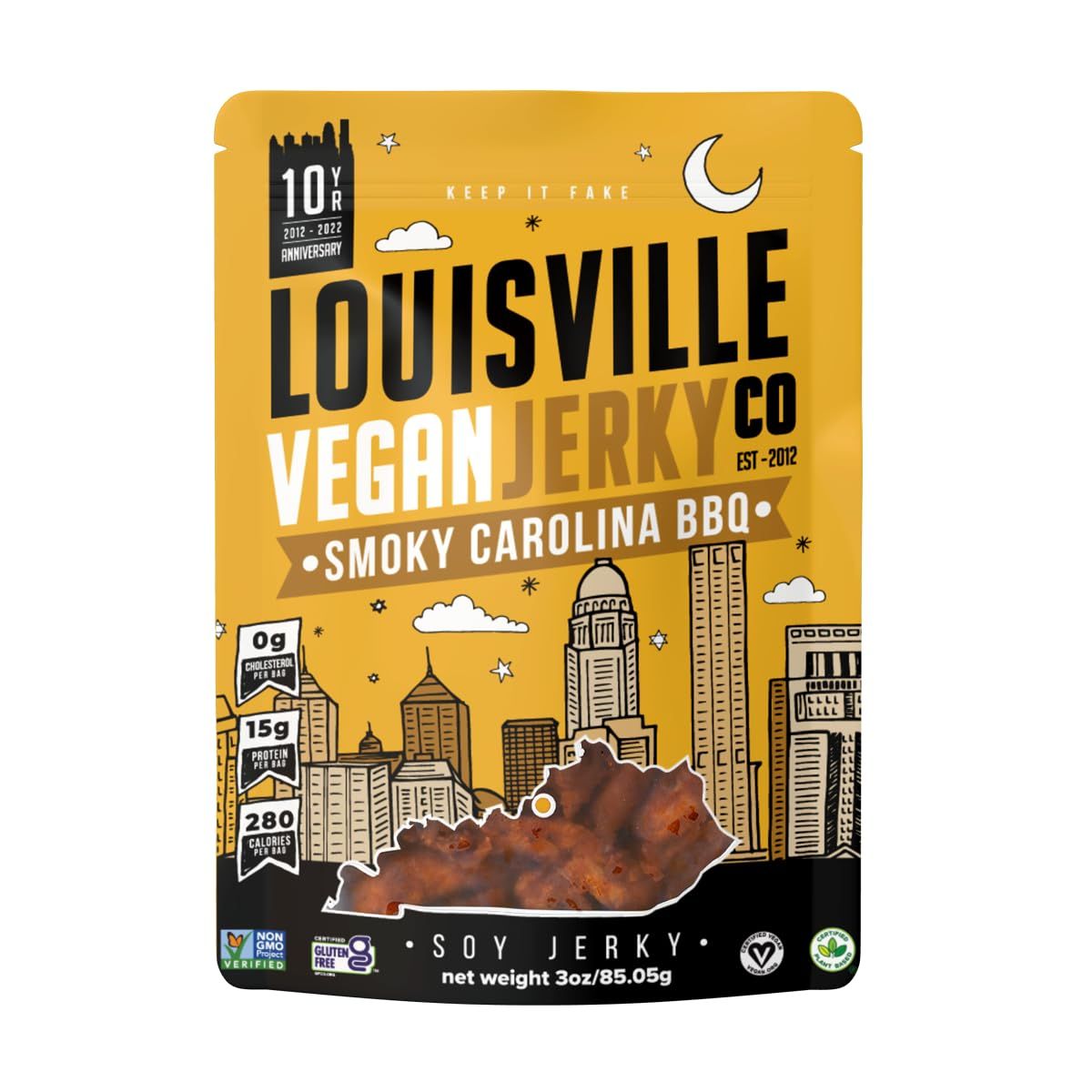 Louisville Vegan Jerky - Sweet &amp; Smoky Carolina Mustard BBQ Vegan Meat - Lip-Smacking Vegan-Friendly &amp; Vegetarian Jerky - Non-GMO Soy Protein, Gluten-Free High Protein Vegan Snacks (3oz)