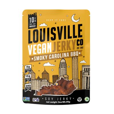 Louisville Vegan Jerky - Sweet &amp; Smoky Carolina Mustard BBQ Vegan Meat - Lip-Smacking Vegan-Friendly &amp; Vegetarian Jerky - Non-GMO Soy Protein, Gluten-Free High Protein Vegan Snacks (3oz)