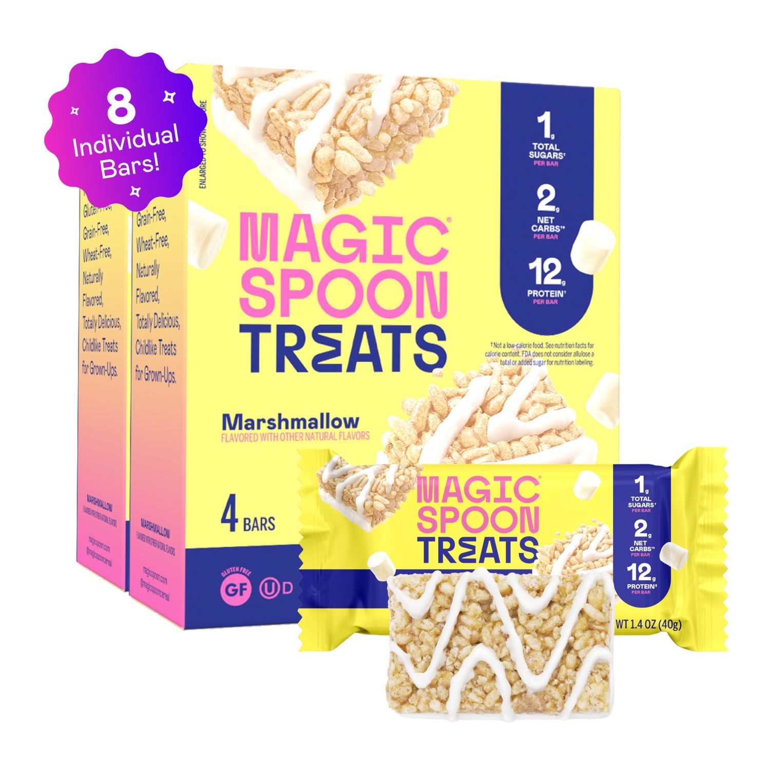MAGIC SPOON Treats - High Protein, Low Carb, Keto Friendly, Low Sugar, Gluten Free, Crispy Protein Bar Cereal Bar, On-The-Go Healthy Snack (Marshmallow, 8 Bars)