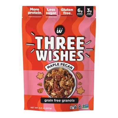 Three Wishes Granola, Maple Pecan (4-Pack) - Gluten Free Granola, 6g Protein &amp; 3g Sugar Healthy Breakfast &amp; On-the-Go Snack - Vegan, Kosher &amp; Grain-Free