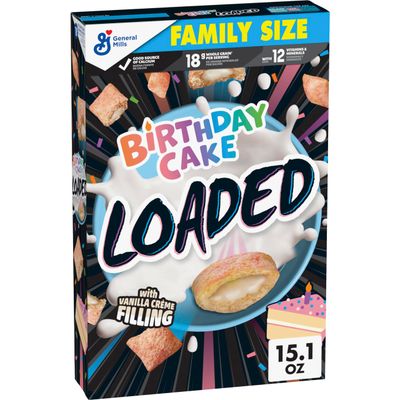 Birthday Cake Loaded Cereal, Crispy Cereal With Artificially Flavored Vanilla Creme Filling, Made With Whole Grain, Family Size, 15.1 oz