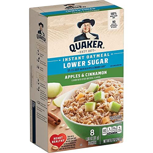 Quaker Instant Oatmeal, Lower Sugar Apples &amp; Cinnamon, 8 Count Boxes (Pack of 4), 1.09 ounce (Pack of 32)