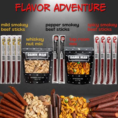 Beef Jerky Gift Basket for Men with Nuts - 12pc Meat Snack Food Variety Box, Unique Food Gift Idea for Birthday, for Husband, Family, Care Package for Guys, Adults