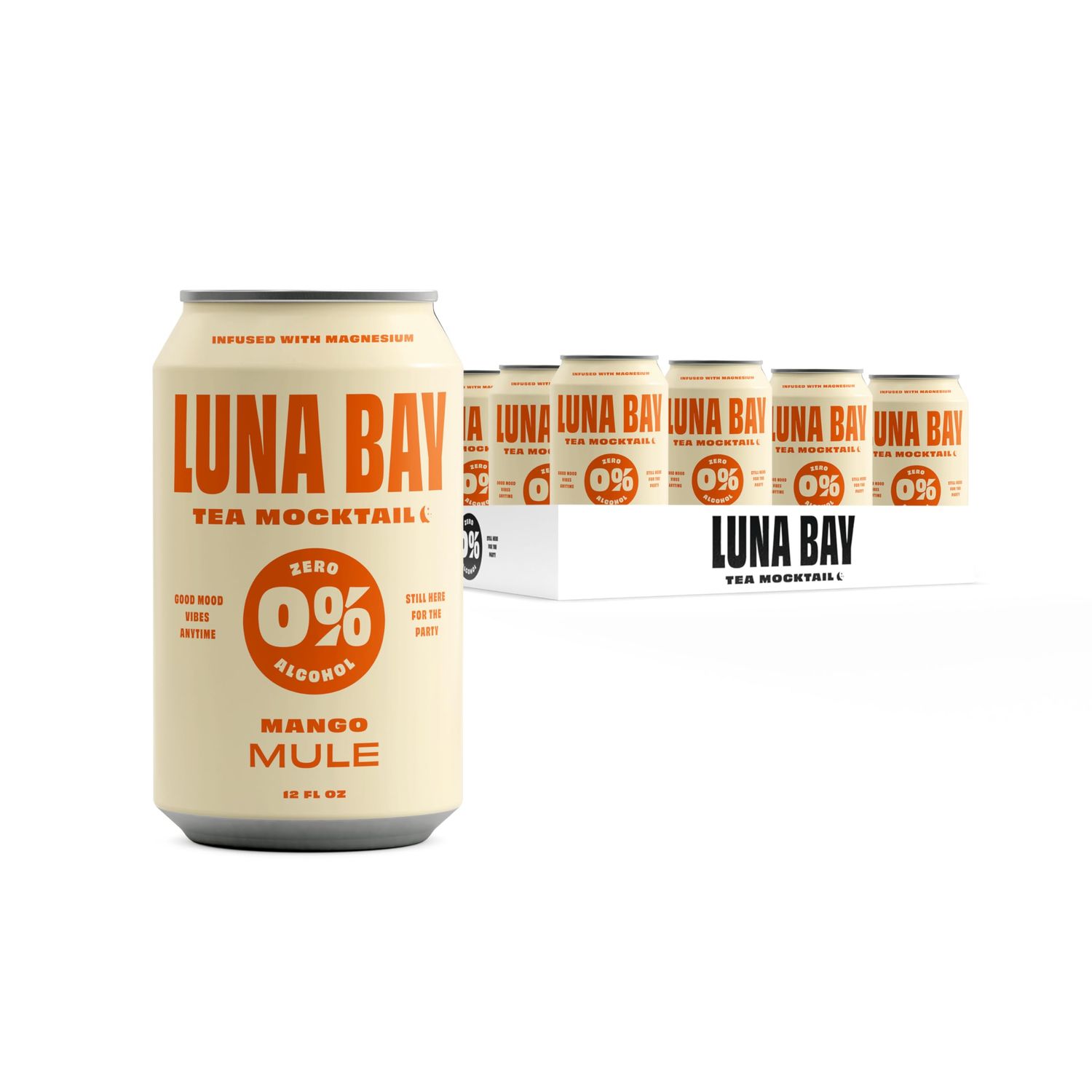 Luna Bay Zero Percent Tea Mocktail - Craft Mocktail Mixer Non-Alcoholic Beverage with Yerba Mate &amp; Magnesium, Vegan, Low Sugar and Gluten Free - Mango Mule (12 Pack, 12 fl oz Cans)