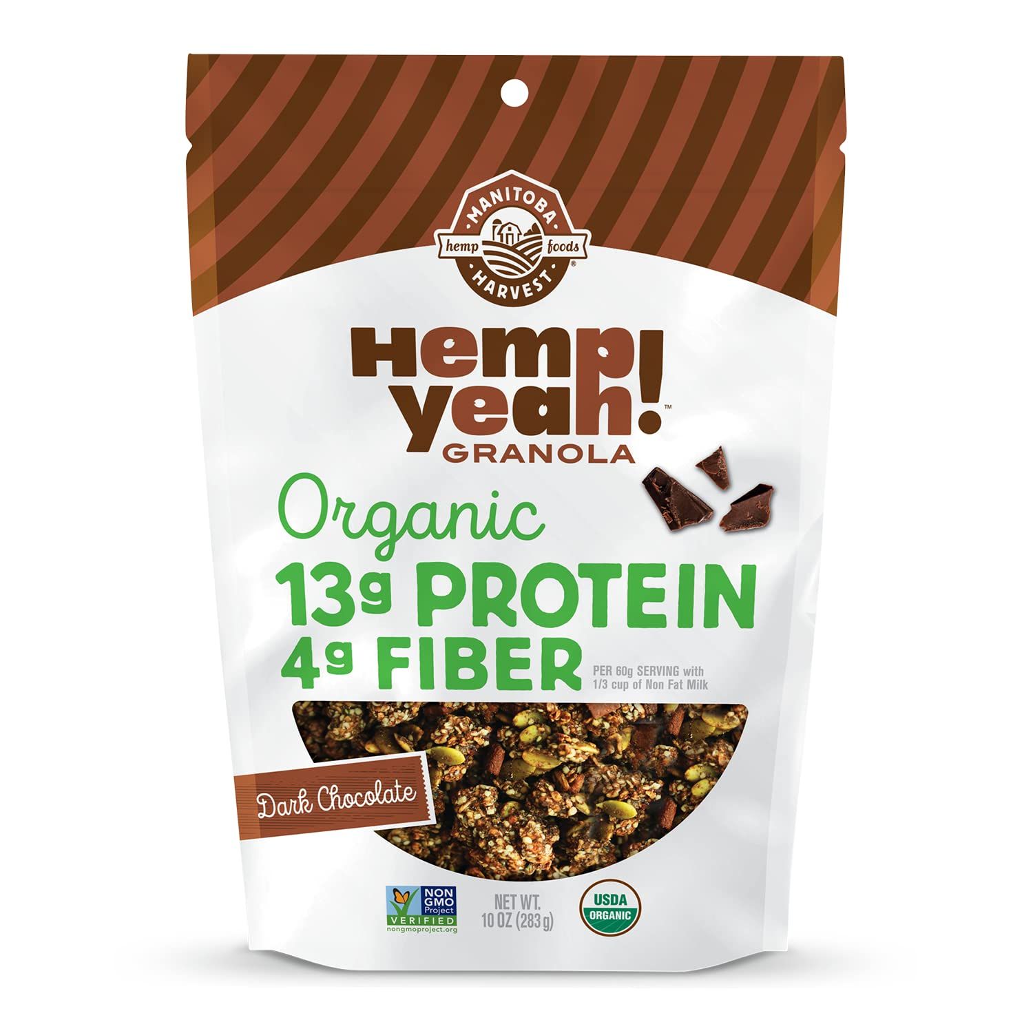 Manitoba Harvest Hemp Yeah! Granola, Dark Chocolate, 10oz, with 13 g of Protein, 3 g Omegas 3 &amp; 6, 4 g of Fiber and less than 10 g Sugar Per Serving, Organic, Non-GMO, Packaging May Vary