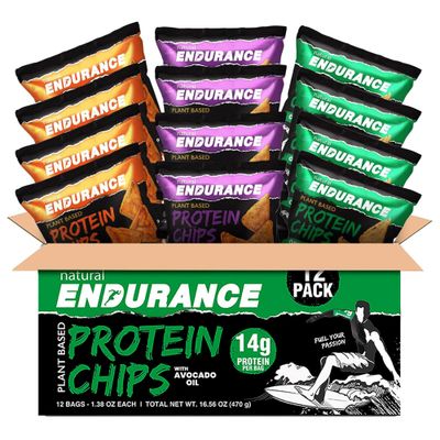 Natural Endurance Protein Chips - Low Carb Chips, High Protein Snack, Vegan Protein with Avocado Oil, 14g Protein Per Bag, Gluten Free, Original, Nacho &amp; Chili - Variety Pack, 1.38 oz Bags (12 Pack)