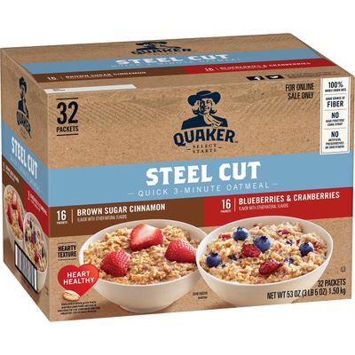 Quaker Steel Cut Quick 3-Minute Oatmeal, 2 Flavor Variety Pack, Individual Packets, 32 Count