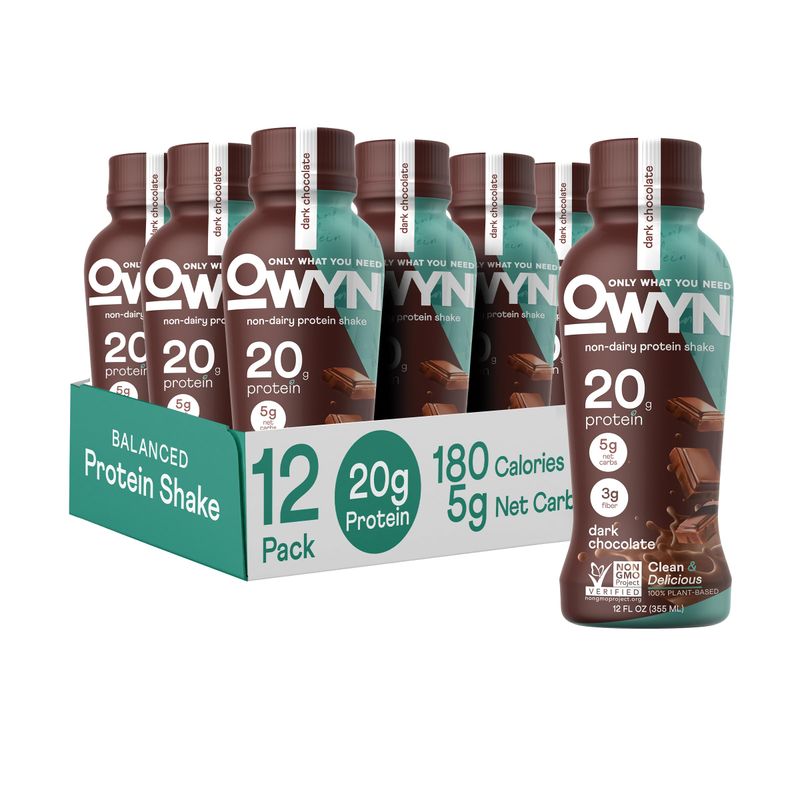 OWYN Only What You Need Plant Based Protein Shake, Dark Chocolate, 20g Vegan Protein from Organic Pumpkin seed, Flax, Pea Blend, Omega-3, Prebiotic supplements, Gluten and Soy-Free, (12 Pack)