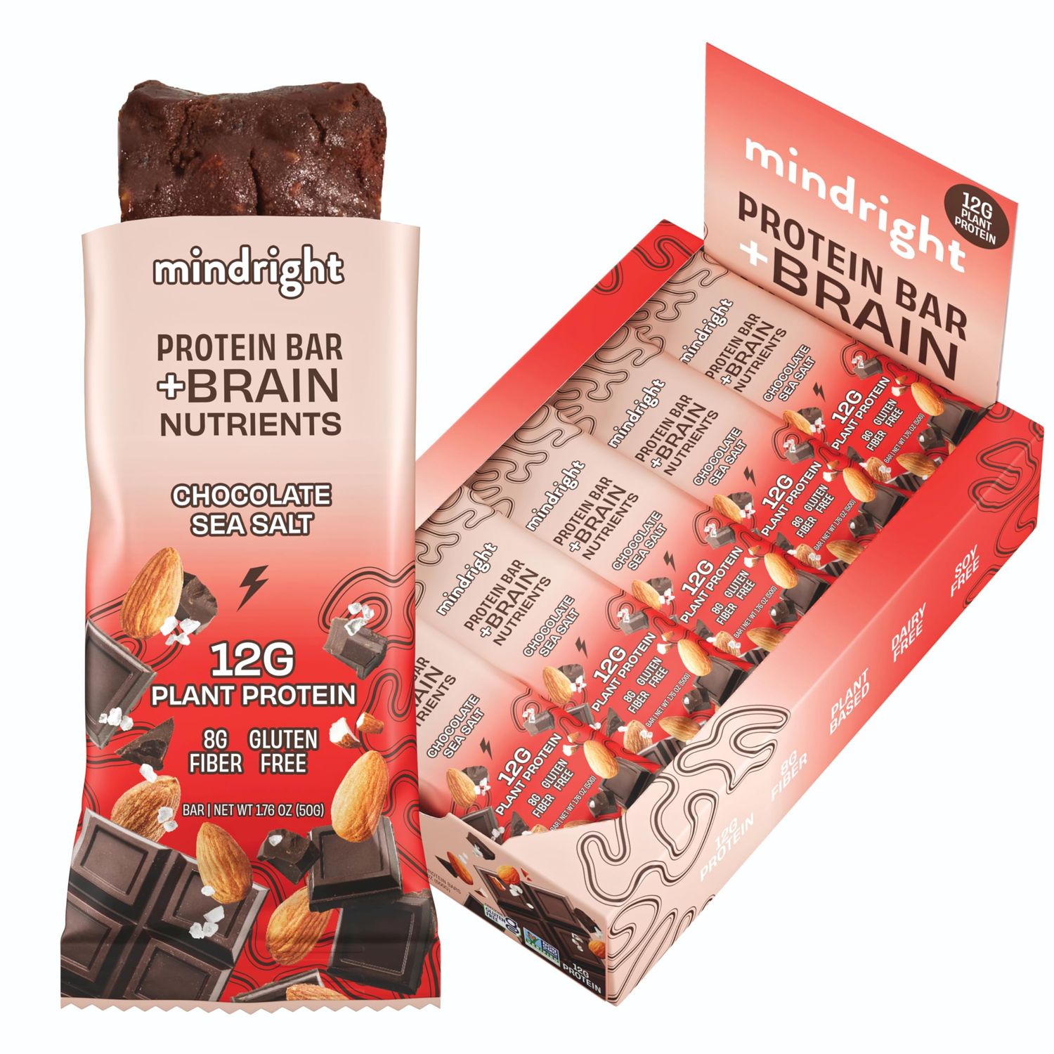 MINDRIGHT Superfood Vegan Protein Bars | Gluten Free Non-Gmo Low Sugar | Plant based protein bars | All Natural Brain Food Healthy Snack To Help Enhance Mood &amp; Energy (Dark Chocolate Sea Salt,12 Pack)