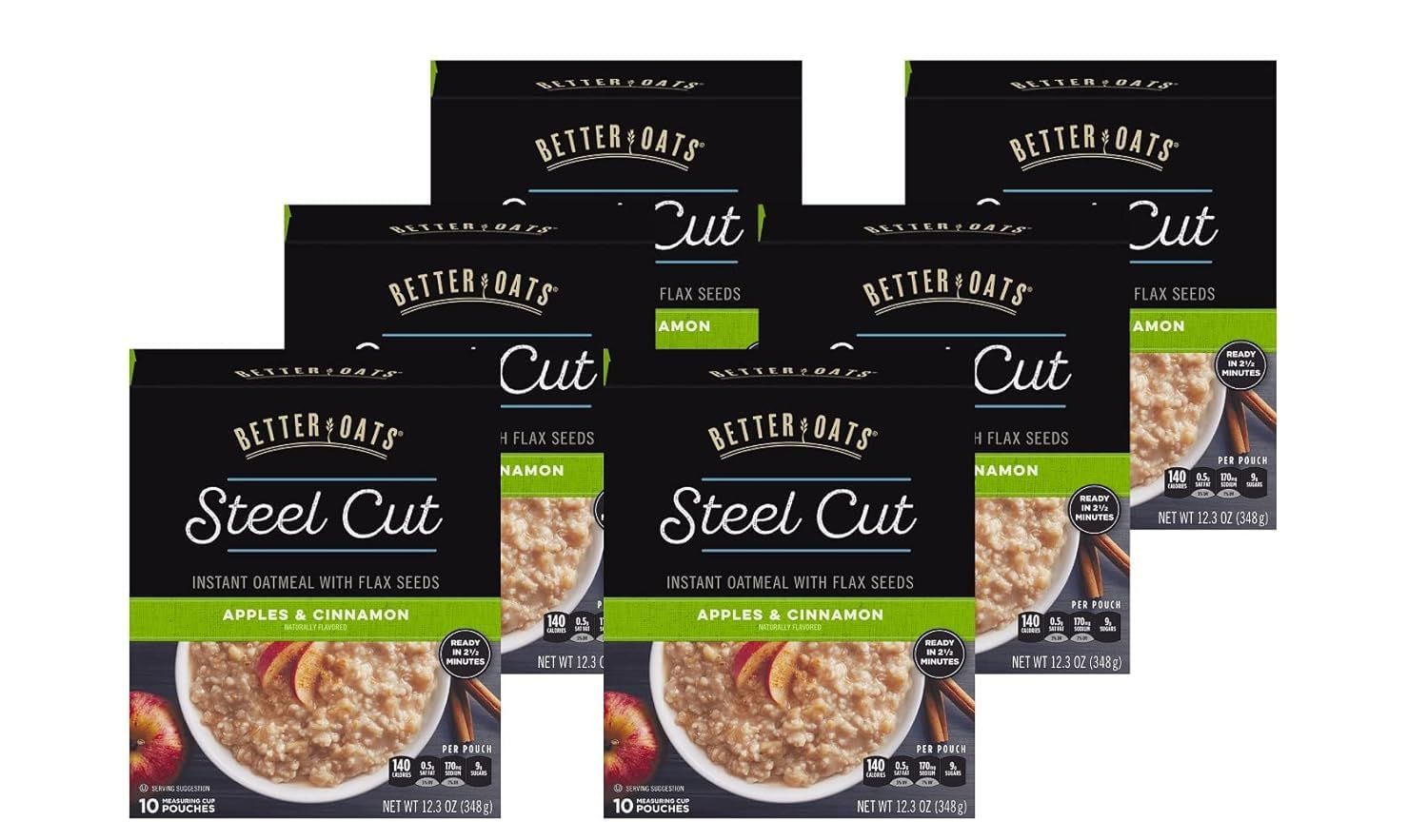 Better Oats Steel Cut Apples and Cinnamon Oatmeal Packets, Instant Steel Cut Oatmeal with Flax Seeds and Steel Cut Oats, Quick Oatmeal Pouches Ready in 2.5 Minutes, Box of 10 Pouches (Pack of 6)