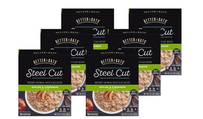Better Oats Steel Cut Apples and Cinnamon Oatmeal Packets, Instant Steel Cut Oatmeal with Flax Seeds and Steel Cut Oats, Quick Oatmeal Pouches Ready in 2.5 Minutes, Box of 10 Pouches (Pack of 6)