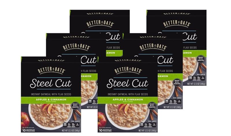 Better Oats Steel Cut Apples and Cinnamon Oatmeal Packets, Instant Steel Cut Oatmeal with Flax Seeds and Steel Cut Oats, Quick Oatmeal Pouches Ready in 2.5 Minutes, Box of 10 Pouches (Pack of 6)