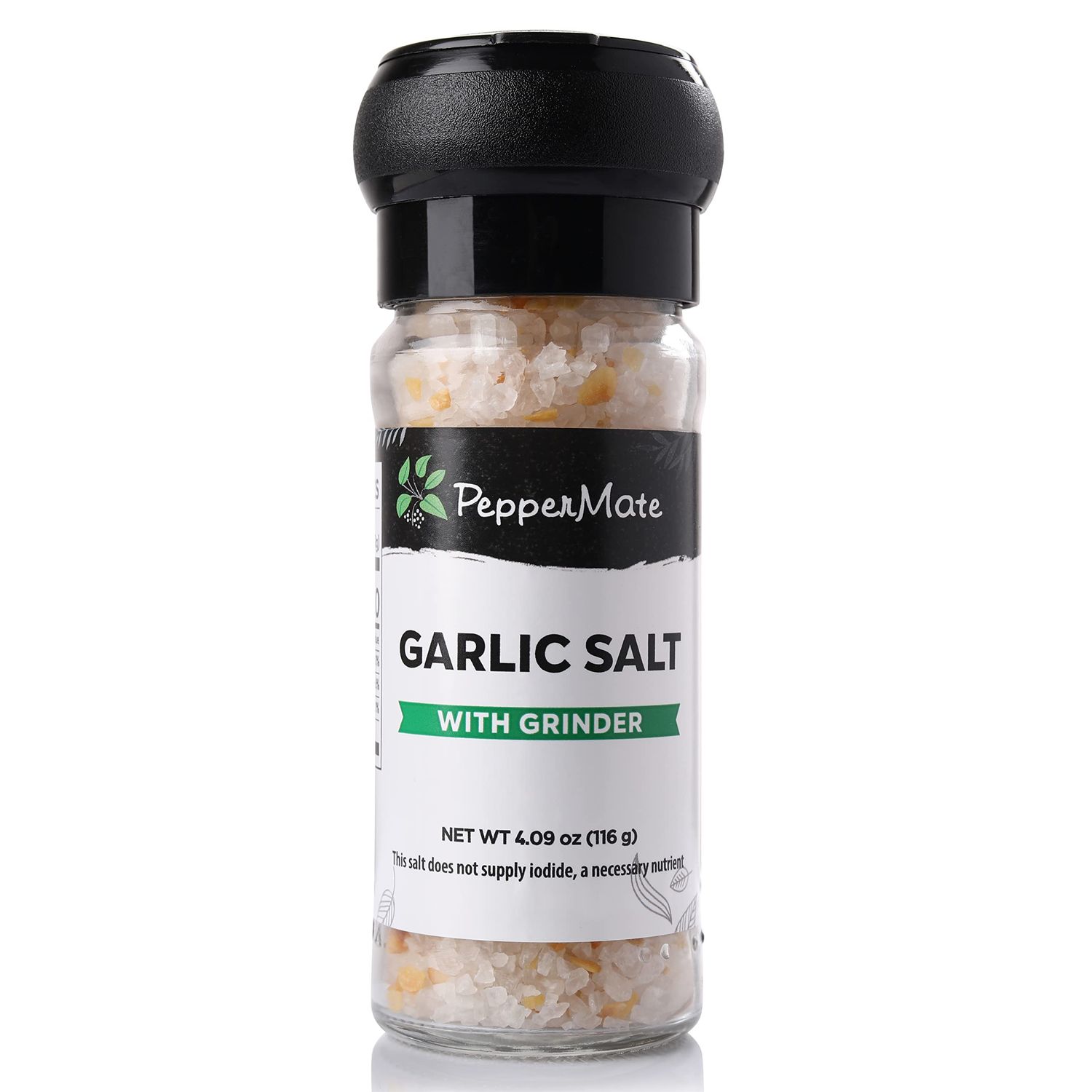 PepperMate Garlic Salt Seasoning With Grinder- Blend In Glass Grinder Container For Freshness- Gourmet Garlic Salt Spices For BBQ, Cooking, Grilling, Baking