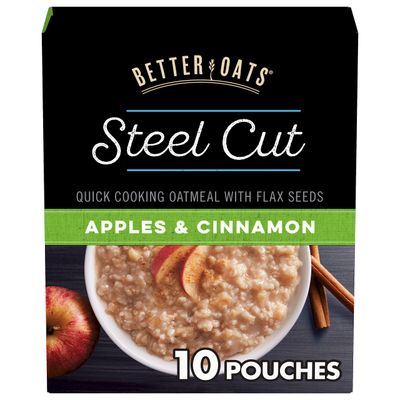 Better Oats Steel Cut Apples and Cinnamon Oatmeal Packets, Instant Steel Cut Oatmeal with Flax Seeds and Steel Cut Oats, Quick Oatmeal Pouches Ready in 2.5 Minutes, Box of 10 Pouches (Pack of 6)