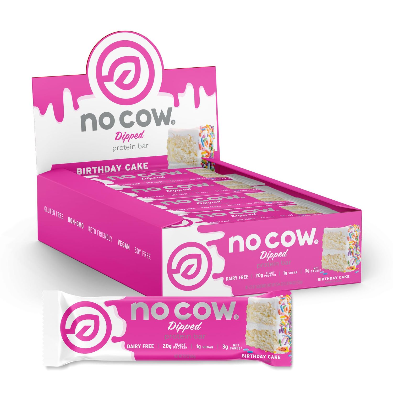 No Cow High Protein Bars, Dipped Birthday Cake - Healthy Snacks, 20g Vegan Protein, High Fiber, Low Sugar, Keto Friendly, Dairy &amp; Gluten Free (12 Count)