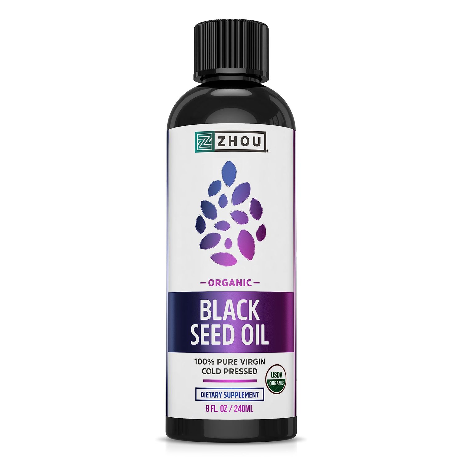 Zhou Organic Black Seed Oil | 100% Virgin Cold Pressed Omega 3 6 9 | Super Antioxidant for Immune Support, Joints, Digestion, Hair &amp; Skin | Vegan, Gluten-Free, Non-GMO | 8oz