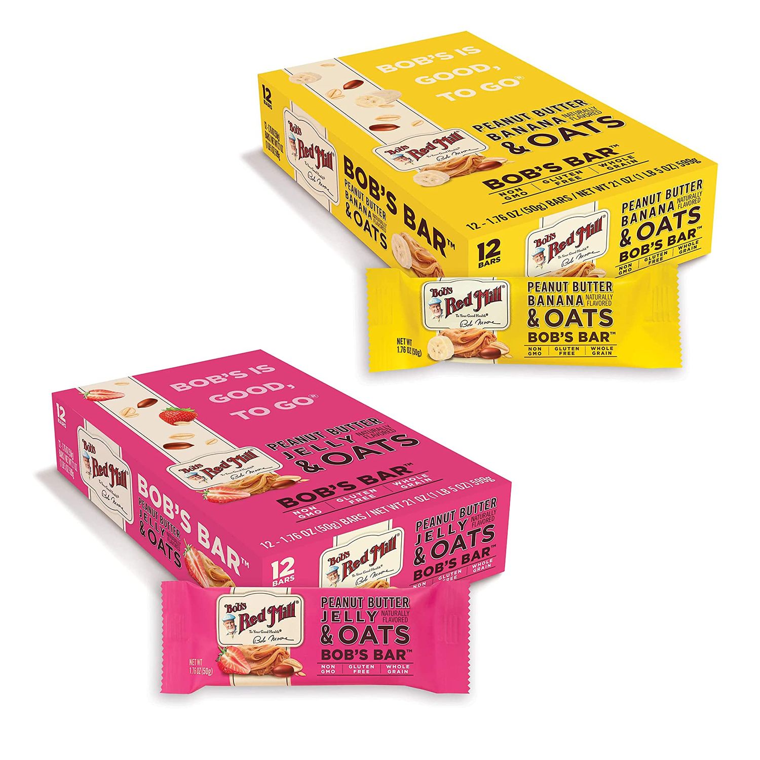 Bob&#39;s Red Mill Bob&#39;s Bar Variety Pack, Peanut Butter Jelly and Banana Flavors, Gluten Free, 24 Bars (2 Packs of 12)
