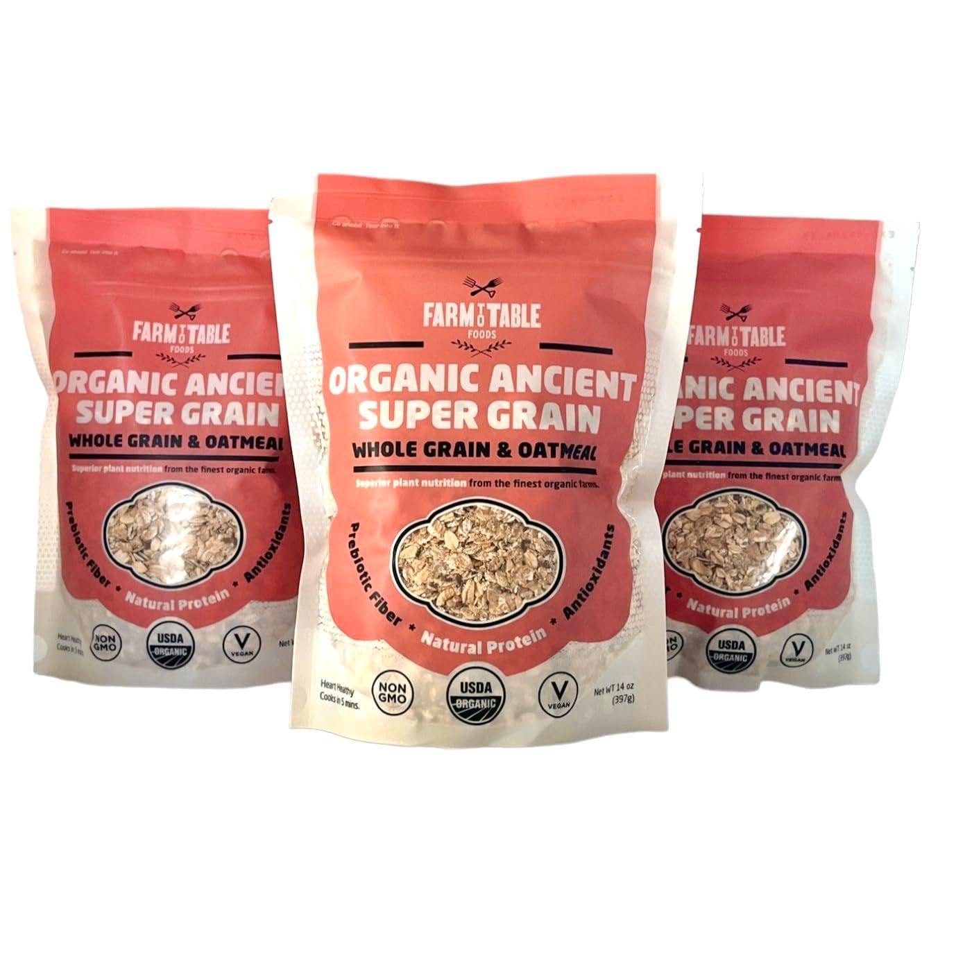 Farm to Table Foods Organic Ancient Super Grain Whole Grain &amp; Oatmeal - High Protein, Plant Based, Non-GMO - 3 Pack (14 oz. Bags)