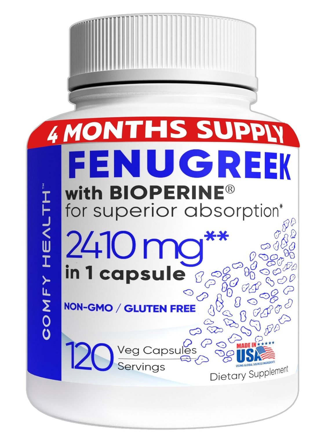 COMFY HEALTH Fenugreek Capsules, 2410mg Per Capsule, 120 Count, Fenugreek Pills with Bioperine for Superior Absorption, Non-GMO, Gluten Free Fenugreek Seeds Extract Supplements, Fenogreco Capsulas
