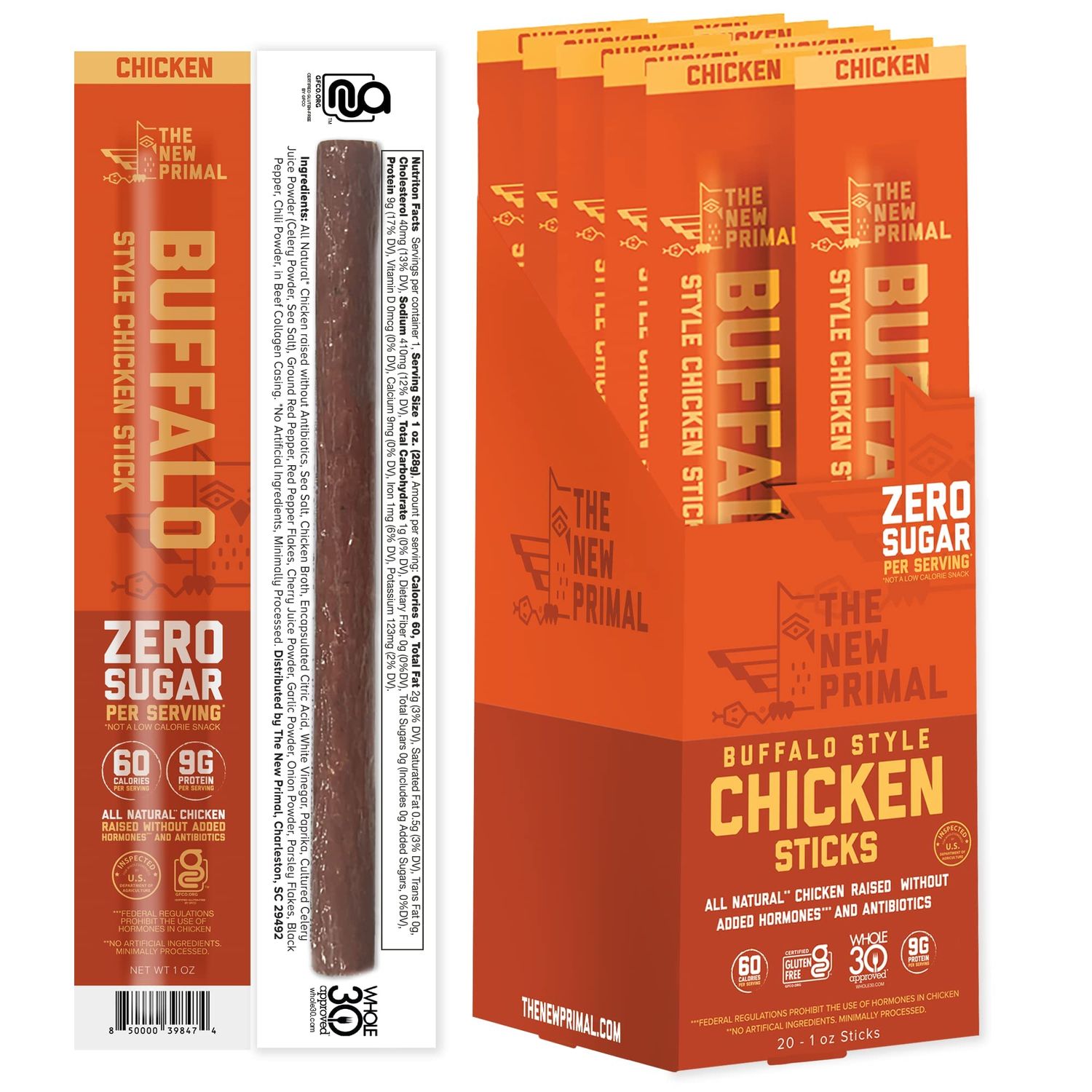 The New Primal Buffalo Chicken Sticks, Keto, Gluten Free Healthy Snacks, Sugar Free Low Carb High Protein Snack, Jerky Meat Stick, 9g Protein, 20 Ct
