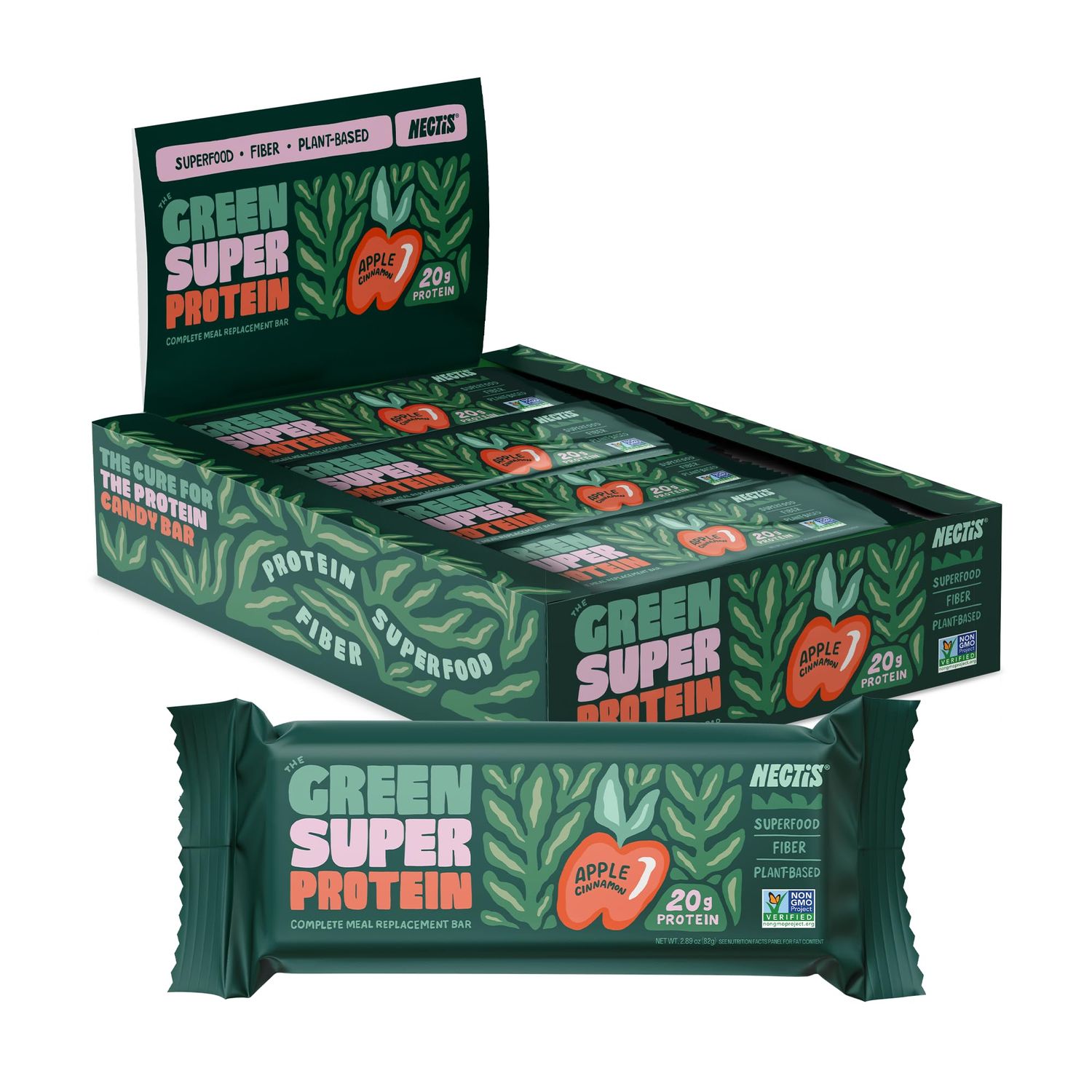 Nectis Green Super Protein Meal Bars, Apple Cinnamon, 20g plant protein, Organic Greens, high fiber, vegan, no soy, non gmo, 82g Bar, 8 pack
