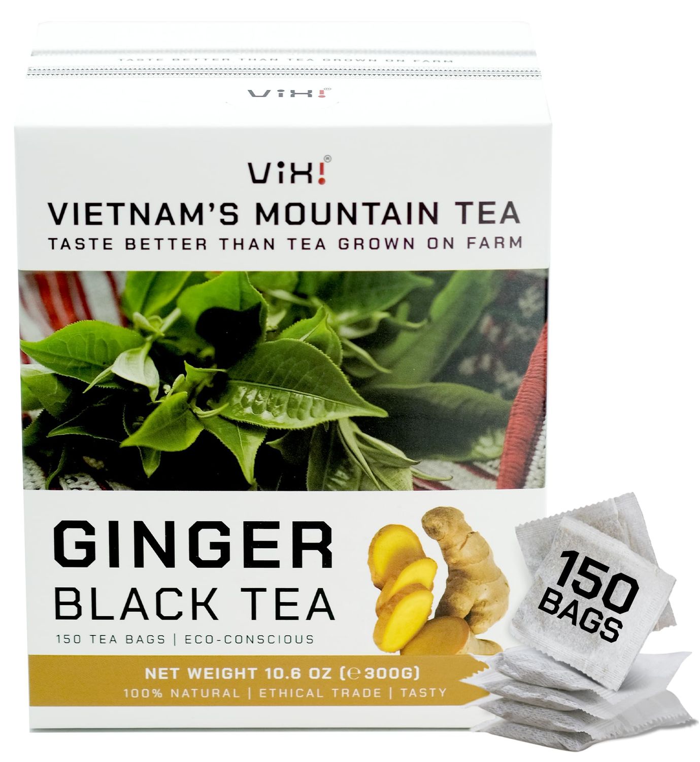 VIXI Ginger Tea Bags Blended with Black Tea, 150 Counts, Vietnam&#39;s Mountain Tea, Herbal Tea, Bold Flavored, Tagless, Sugar Free, 100% Natural, Blended by Hand for Hot and Cold Brew