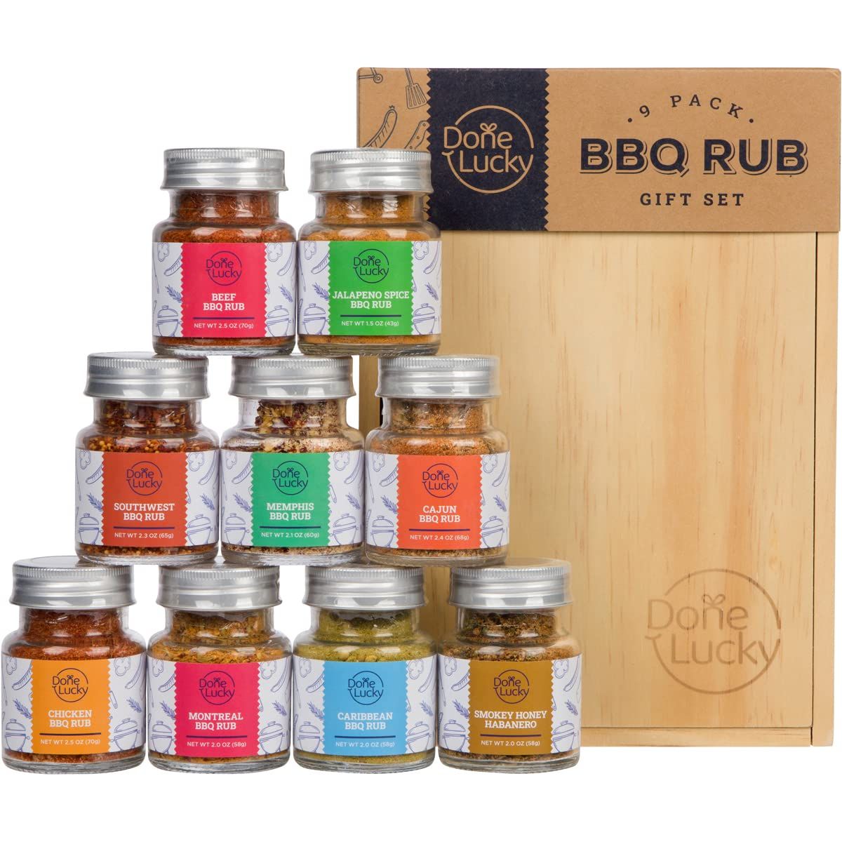 BBQ Rub Gift Set - Spice Gift Set in Premium Wooden Box - Great Grilling Gift for Fathers Day, Christmas, Birthday for Him, Dad, Men, or Her - Unique Barbecue Seasonings (Set of 9)