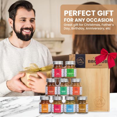 BBQ Rub Gift Set - Spice Gift Set in Premium Wooden Box - Great Grilling Gift for Fathers Day, Christmas, Birthday for Him, Dad, Men, or Her - Unique Barbecue Seasonings (Set of 9)