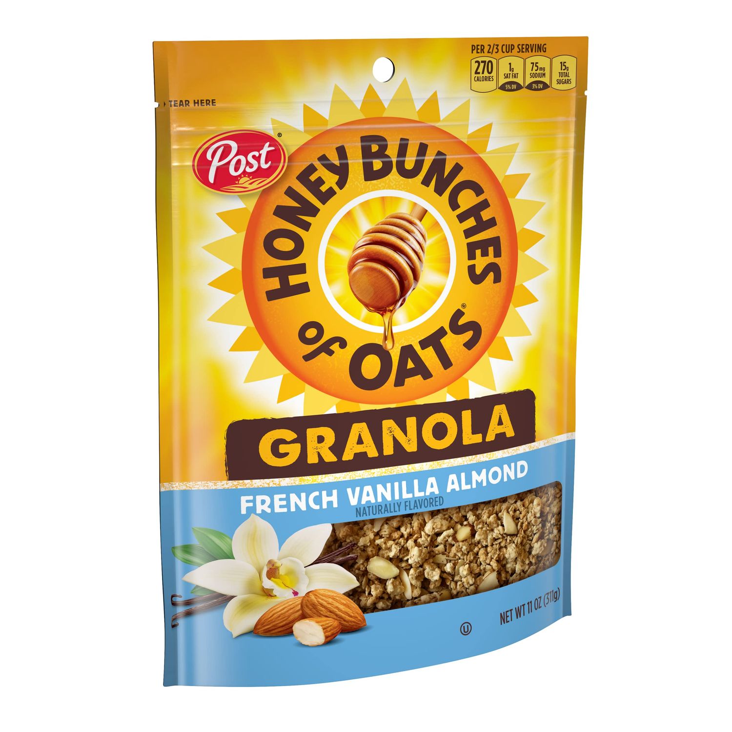 Post Honey Bunches of Oats French Vanilla Almond Granola Cereal, Vanilla Granola with French Vanilla Flavoring and Crushed Almonds, 11 OZ Bag