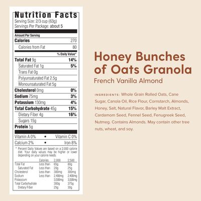 Post Honey Bunches of Oats French Vanilla Almond Granola Cereal, Vanilla Granola with French Vanilla Flavoring and Crushed Almonds, 11 OZ Bag