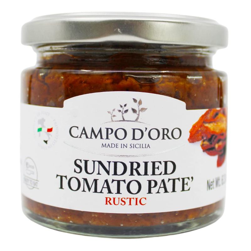 Sundried Tomato Pat, Dip or Spread, Puree of Sun-Dried Tomatoes in extra virgin olive oil, (6.35 oz -180 g). Non-GMO, Product of Italy, by Campo D&#39;Oro.