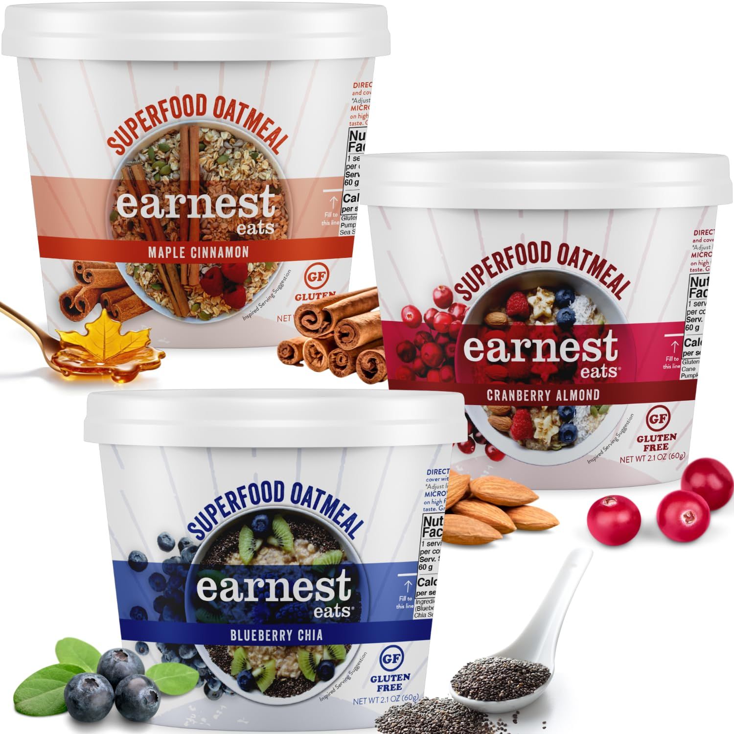 Earnest Eats Superfood Oatmeal Variety Pack (Cranberry, Blueberry, and Maple) - Easy On the Go Cups, Vegan, Plant Based Protein, Non-GMO, Gluten Free (6 pack)