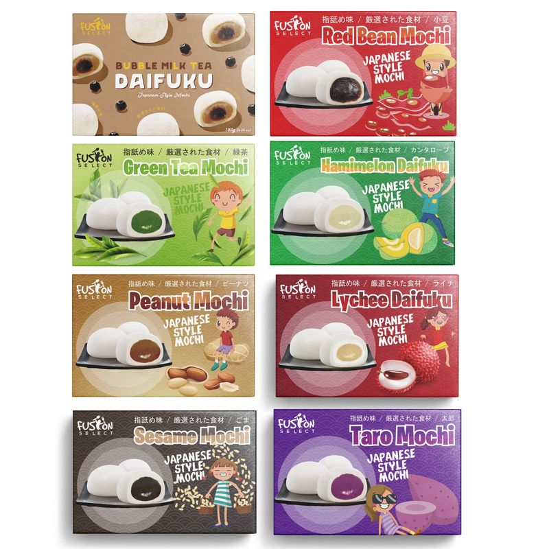 Japanese Mochi 8 Variety Pack: Boba Milk Tea, Taro, Sesame, Hamimelon, Lychee, Green Tea, Peanut &amp; Red Bean in Fusion Select Gift Box