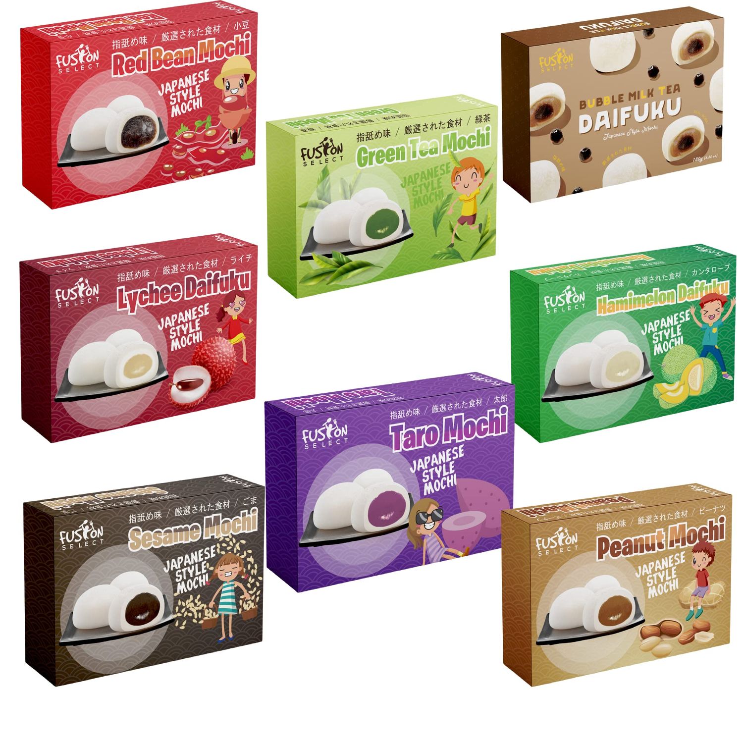 Japanese Mochi 8 Variety Pack: Boba Milk Tea, Taro, Sesame, Hamimelon, Lychee, Green Tea, Peanut &amp; Red Bean in Fusion Select Gift Box