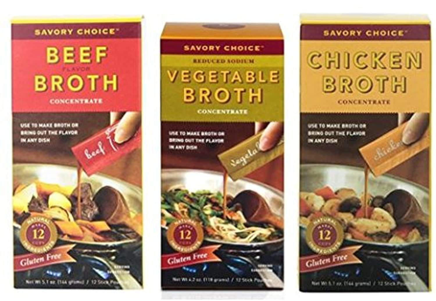 Savory Choice Variety Pack: Chicken Broth Concentrate 5.1 oz, Beef Broth Concentrate 5.1 oz, Vegetable Broth Concentrate 4.06 oz (1 of each)