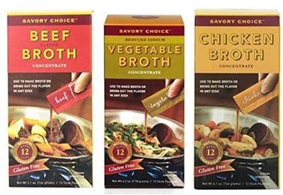 Savory Choice Variety Pack: Chicken Broth Concentrate 5.1 oz, Beef Broth Concentrate 5.1 oz, Vegetable Broth Concentrate 4.06 oz (1 of each)