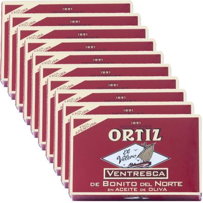 Ortiz Ventresca White Tuna Belly in Oil, 3.95 oz (Pack of 10) | Superior Canned Tuna in Olive Oil | Ortiz Albacore Tuna in Olive Oil | 10 pack (3.95oz/112g each)