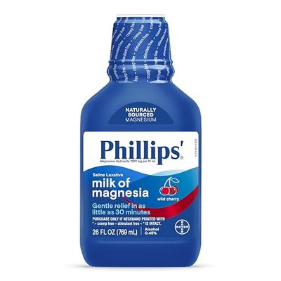 Phillips Milk of Magnesia Liquid Laxative, Wild Cherry Flavor, Stimulant Free, Cramp Free Relief of Occasional Constipation*, Effective in 30 minutes - 6 hours, #1 Milk of Magnesia Brand, 26 oz