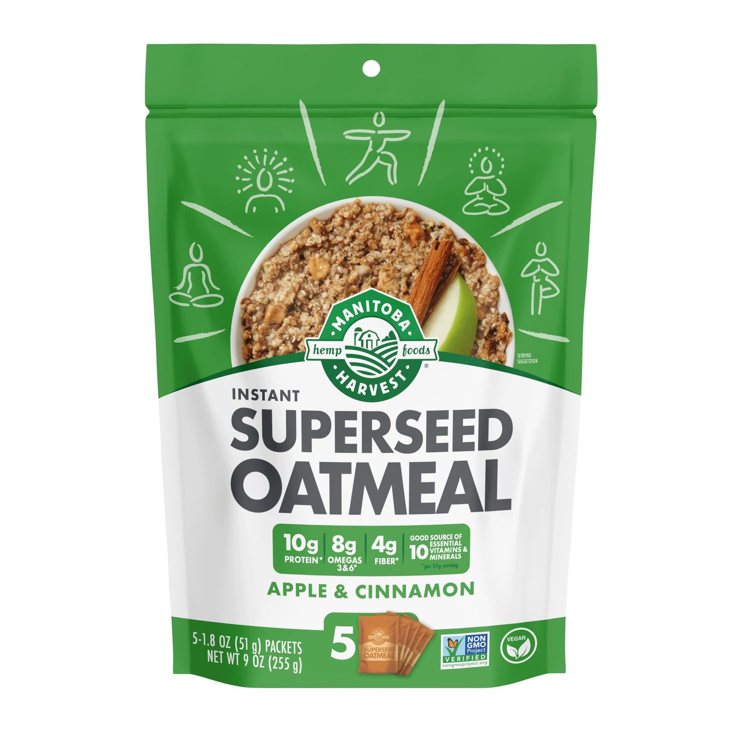 Manitoba Harvest Superseed Instant Oatmeal - 10g Protein, 4g Fiber &amp; 8g Omega 3 and 6 per Serving from Hemp Hearts, Whole Grain Rolled Oats, &amp; Flax Seed - Apple &amp; Cinnamon, 9 Ounce (Pack of 1)